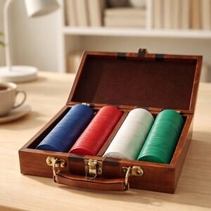 Vintage Style Poker Chip Set in Brown Faux Leather Carrying Case Travel Game